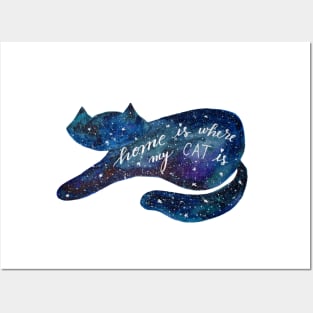 Watercolor galaxy cat - blue Posters and Art